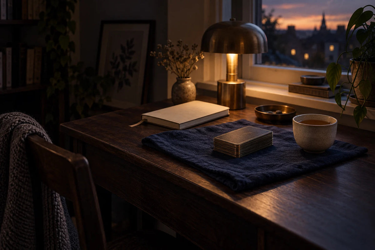A small evening desk with a lamp, folded indigo cloth, cards, notebook and ceramic cup