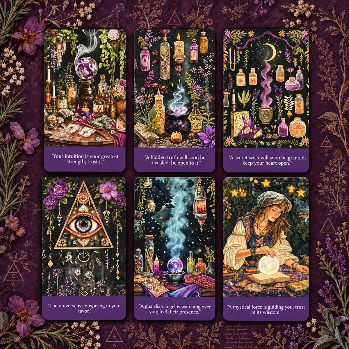 Spread of Fortune Teller Oracle Major Arcana cards showcasing Victorian vintage fortune-telling parlor art and intuitive divination symbols.