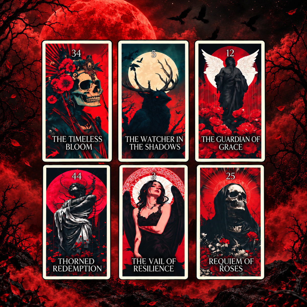 Spread of Midnight Oracle Major Arcana cards showcasing dark gothic nocturnal archetypes for deep shadow work and renewal.