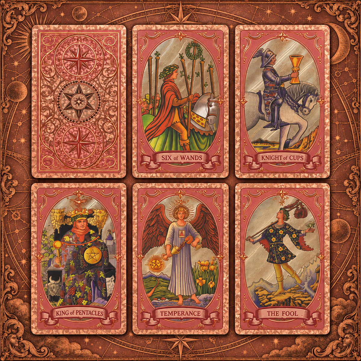 Spread of Triple Star Tarot Major Arcana cards showcasing embossed metallic gold triple star line art and celestial compass symmetry.