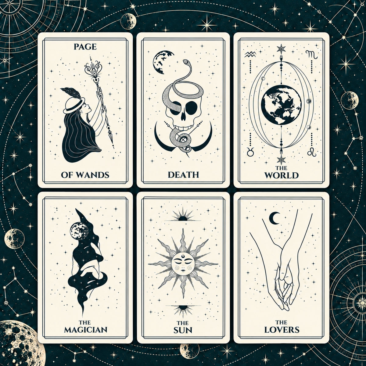Mystical Celestial Tarot Deck — Minimalist Moon & Star Line Art Tarot for Intuition, Spiritual Reflection