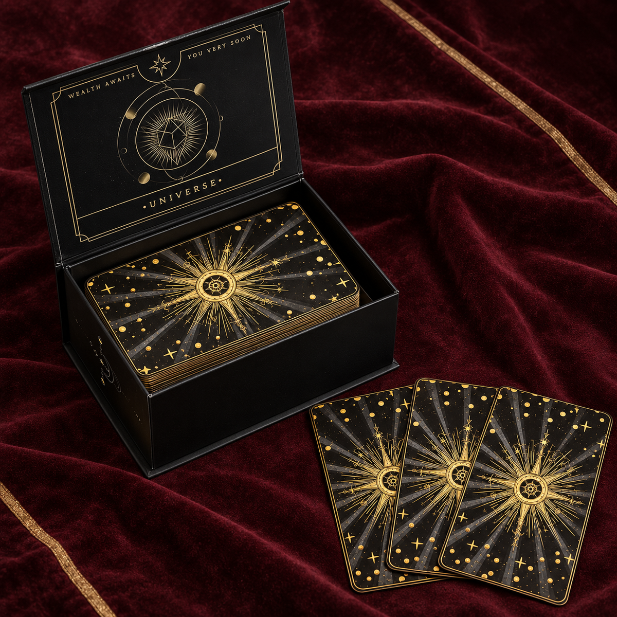 Celestial wooden tarot box placed on a reading desk with tarot cards and ritual tools.