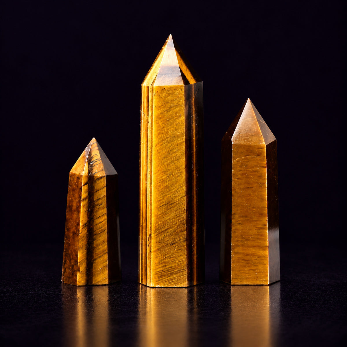 Polished facets of Tiger’s Eye wand reflecting dynamic golden light for courage and willpower.