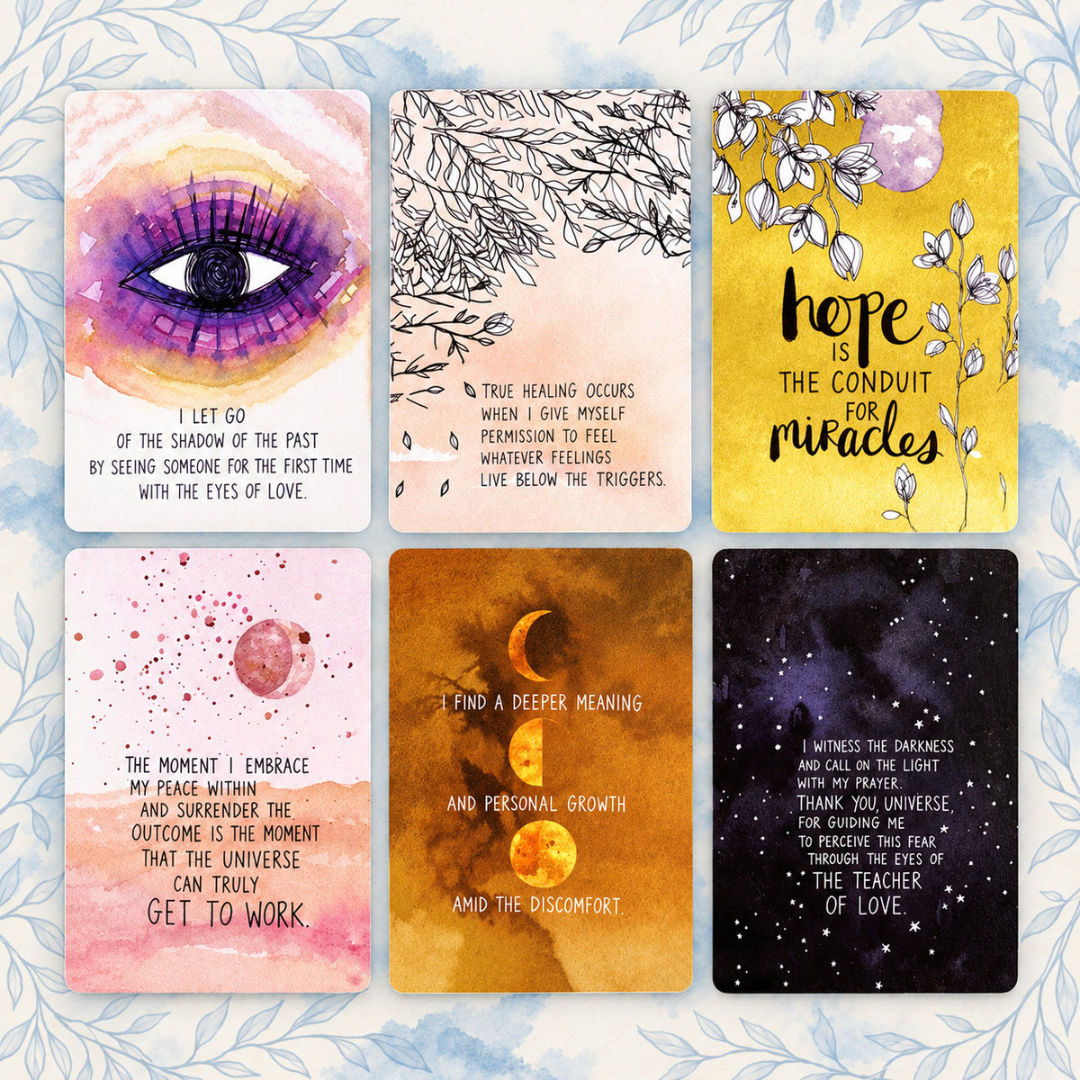 Spread of Mystic Eye Oracle Major Arcana cards showcasing watercolor all-seeing eye talismans and sacred spiritual protection motifs.