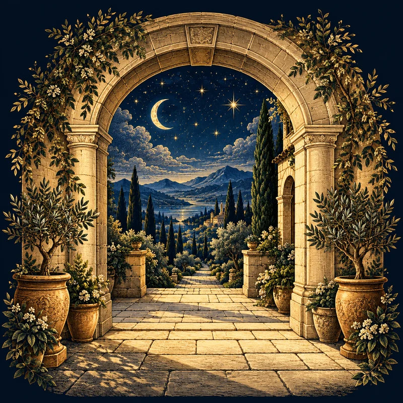 An engraved stone arch opening onto a garden