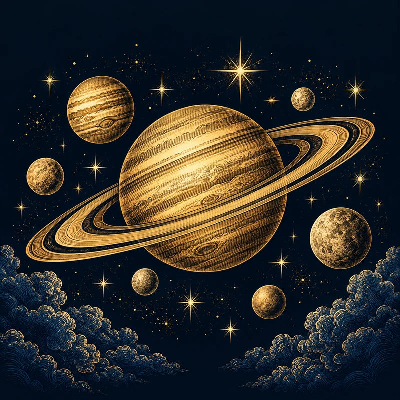 Ringed Saturn and symbolic planets