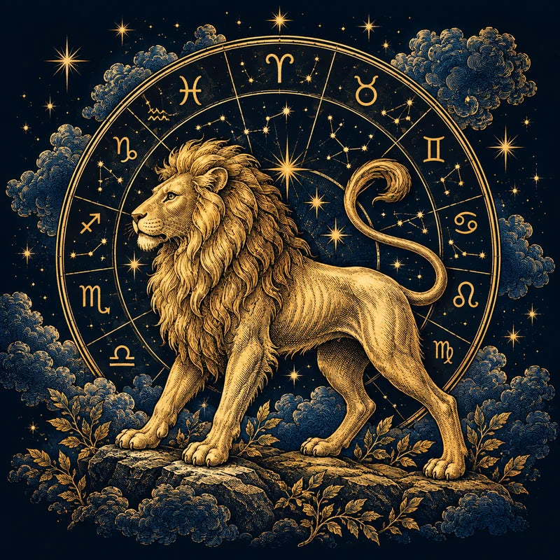 Lion and symbolic zodiac wheel