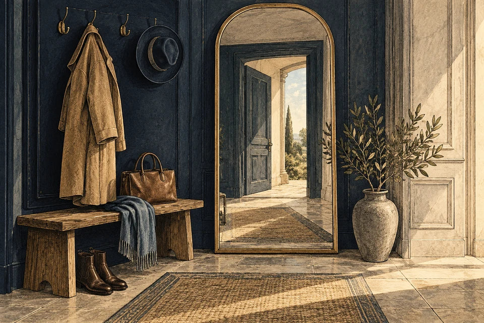 An entrance with a mirror, coat and wooden bench.