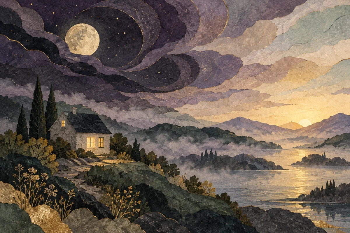 A quiet house and lake beneath a moonlit sky, illustrated in paper collage