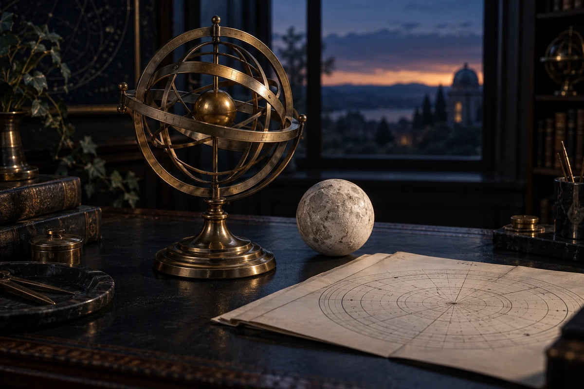 A brass armillary sphere, a pale Moon-like sphere and an unlabelled chart in a dark observatory study
