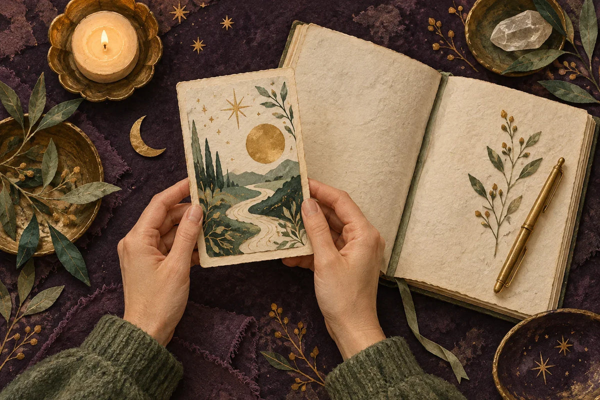 Hands holding an illustrated card beside a journal