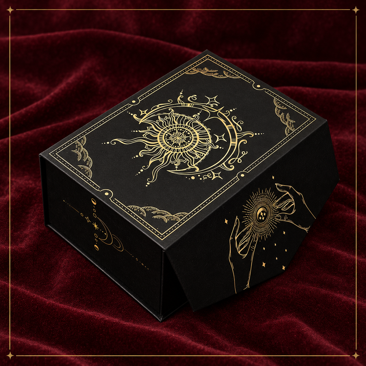 Handcrafted wooden celestial tarot storage box with vintage latch and engraved moon phases.