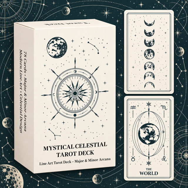 Mystical Celestial Tarot Deck — Minimalist Moon & Star Line Art Tarot for Intuition, Spiritual Reflection