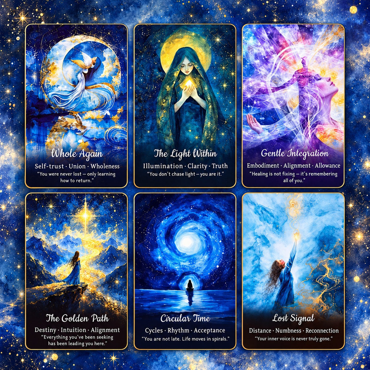 Six Return to the Self oracle cards, including Whole Again and The Light Within, with celestial artwork, English keywords, and messages.