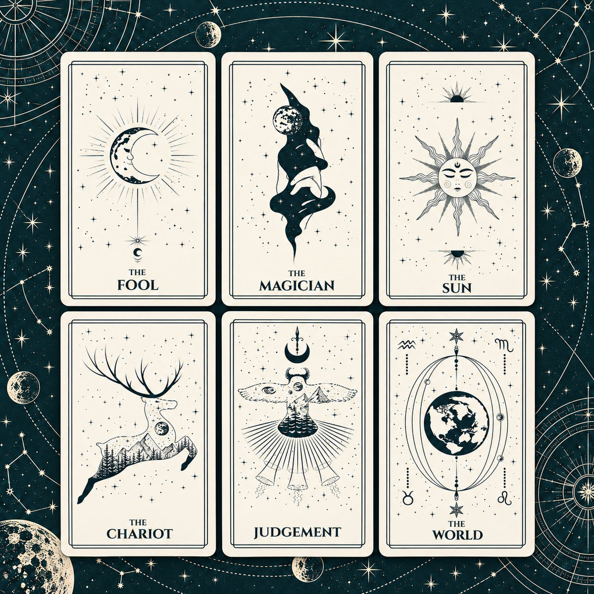 Mystical Celestial Tarot Deck — Minimalist Moon & Star Line Art Tarot for Intuition, Spiritual Reflection