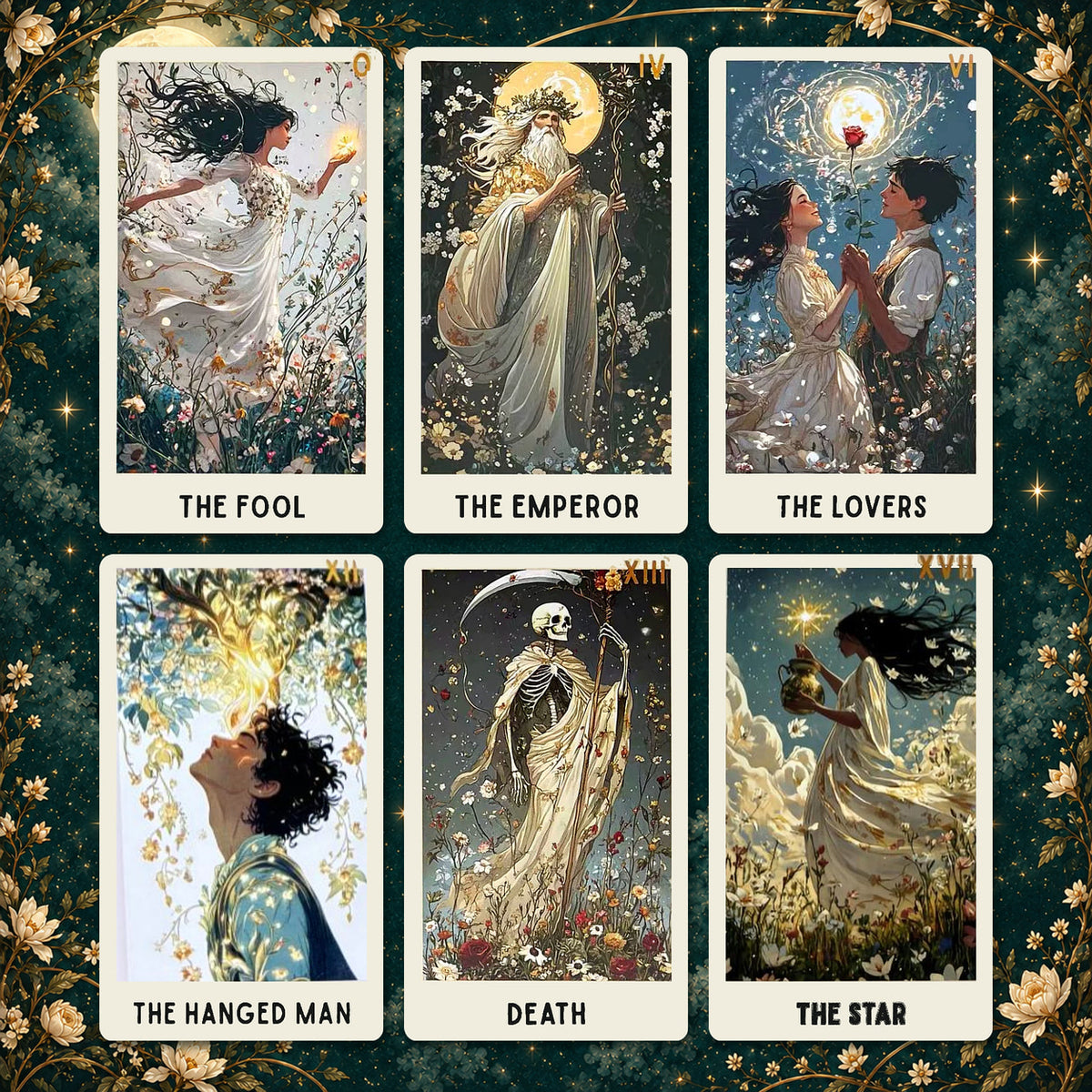 Ethereal Bloom Tarot cards showing The Fool, The Emperor, The Lovers, The Hanged Man, Death, and The Star in floral fantasy scenes.