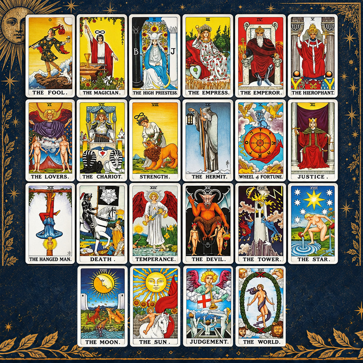All 22 Universal Waite Tarot Major Arcana cards arranged in rows, from The Fool to The World, with colorful artwork and white borders.
