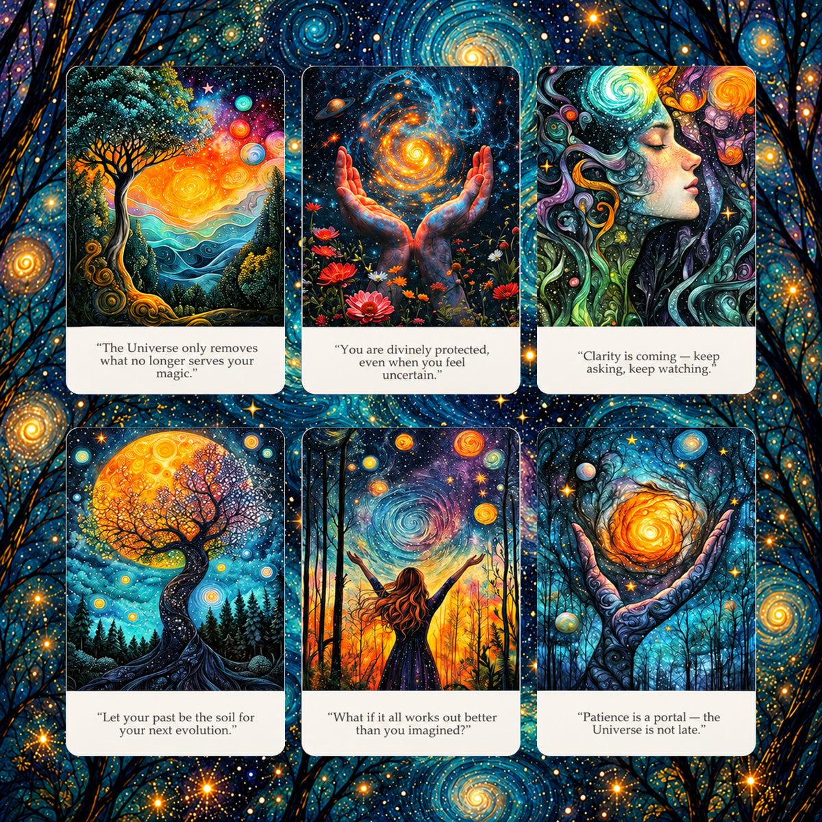 Selected Cosmic Truths Oracle cards highlighting intricate spiritual archetypes and detailed symbolic motifs.