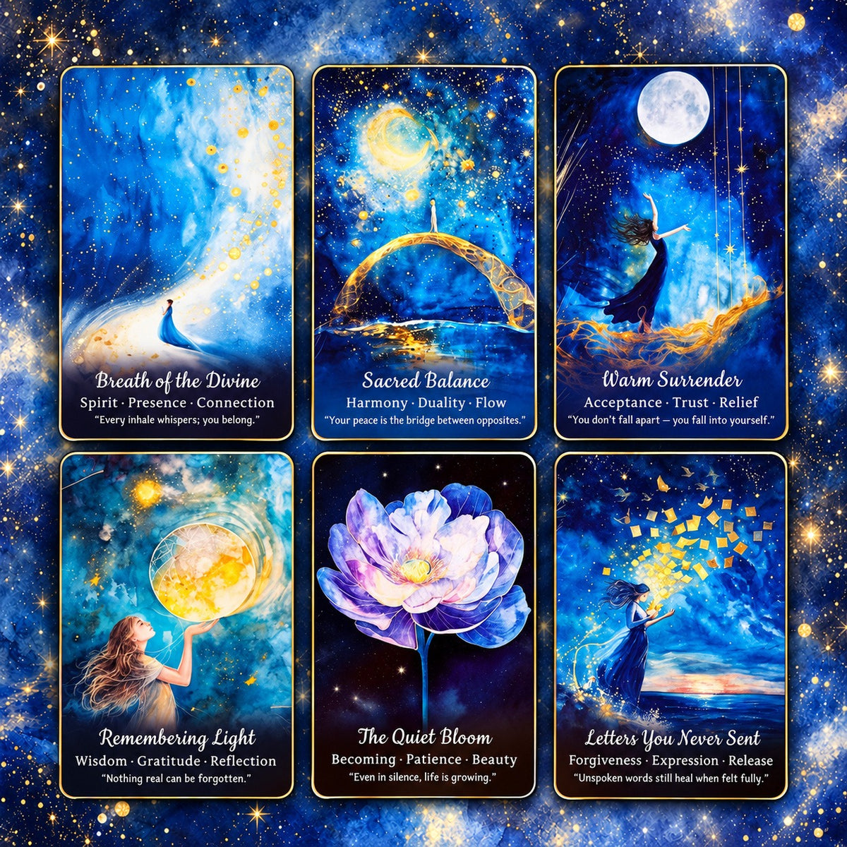 Six Return to the Self oracle cards featuring a golden bridge, full moon, luminous flower, and floating letters in blue celestial scenes.