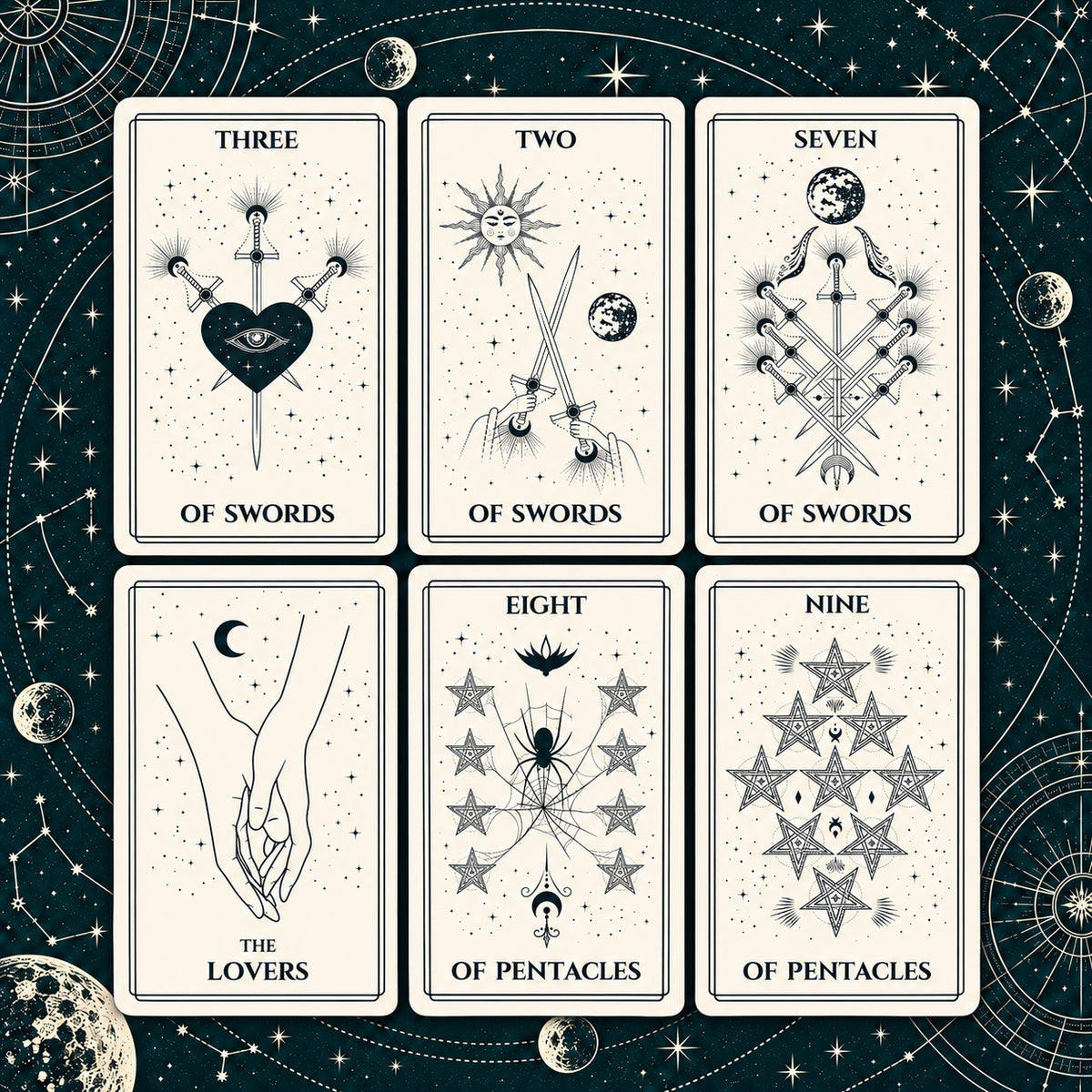 Mystical Celestial Tarot Deck — Minimalist Moon & Star Line Art Tarot for Intuition, Spiritual Reflection