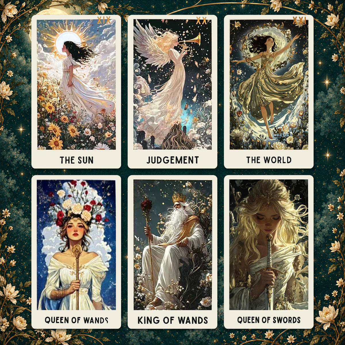 Ethereal Bloom Tarot cards showing The Sun, Judgement, The World, Queen of Wands, King of Wands, and Queen of Swords.