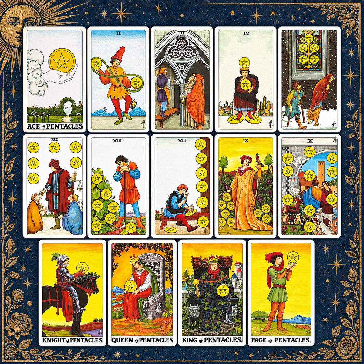 The 14 Universal Waite Tarot Pentacles cards arranged in rows, showing gold-colored pentacles, illustrated scenes, and court figures.
