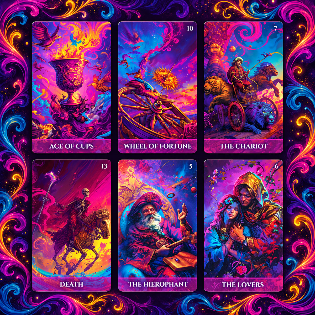 Selected Luminous Arcana Tarot cards highlighting intricate spiritual archetypes and detailed symbolic motifs.