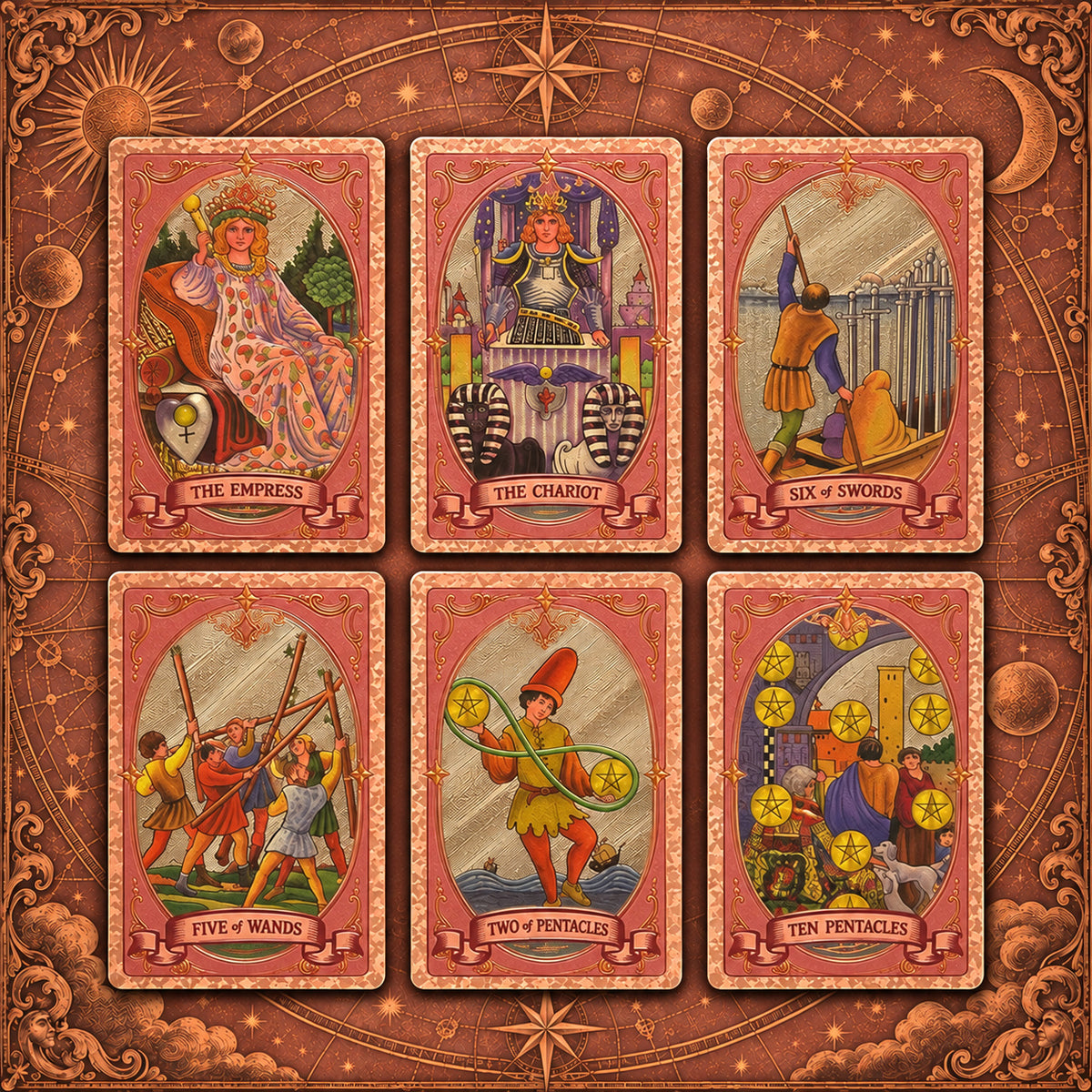 Selected Triple Star Tarot cards highlighting intricate spiritual archetypes and detailed symbolic motifs.