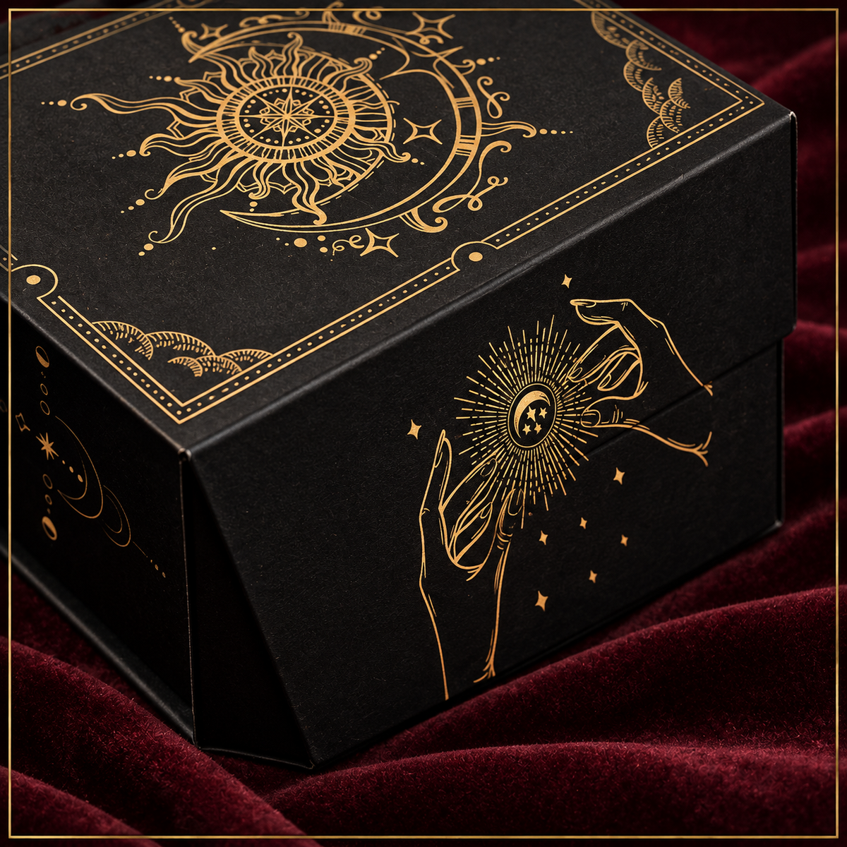 Close-up of engraved star constellations and celestial artwork on the wooden box lid.
