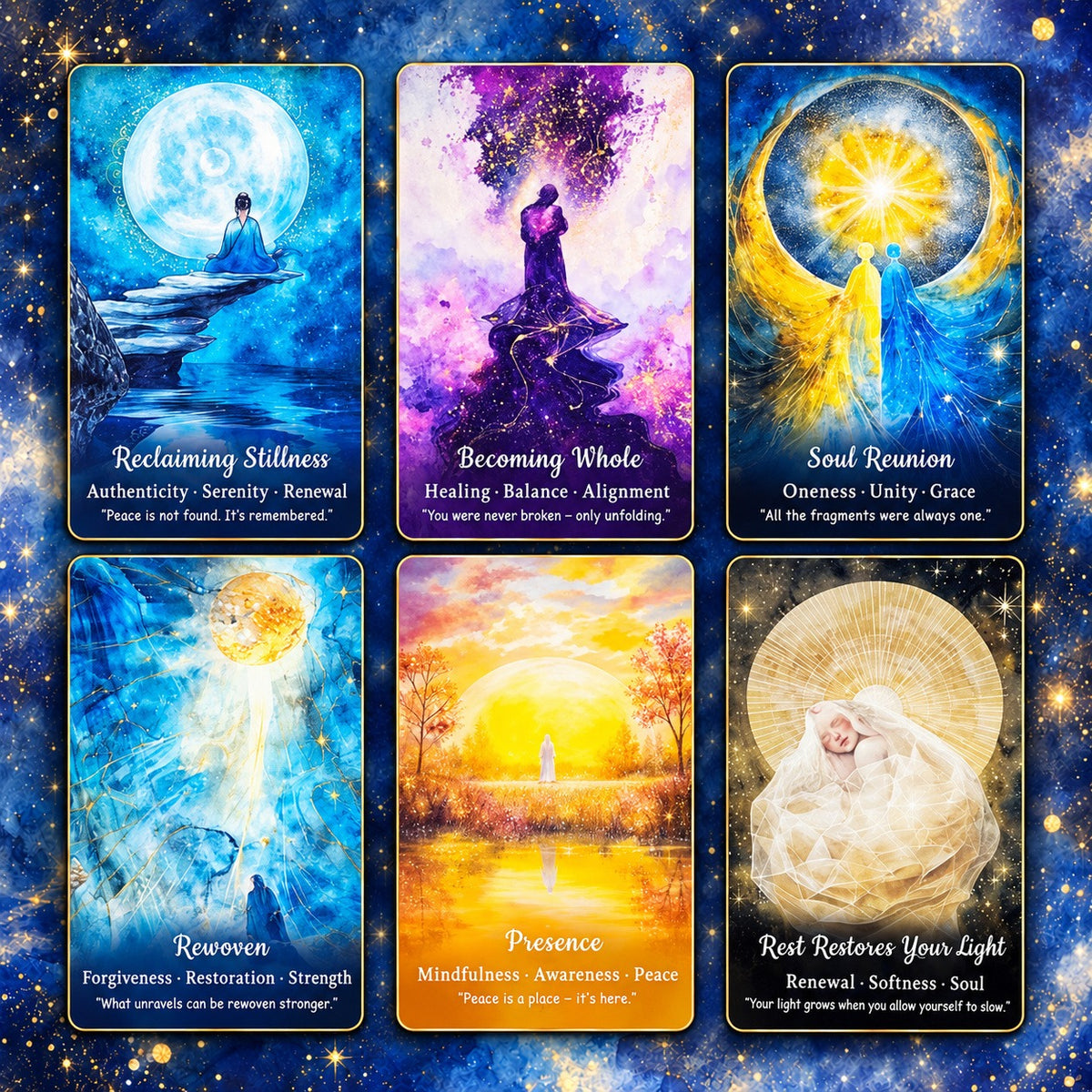 Six Return to the Self oracle cards, including Reclaiming Stillness, Becoming Whole, and Presence, with blue, violet, and golden artwork.