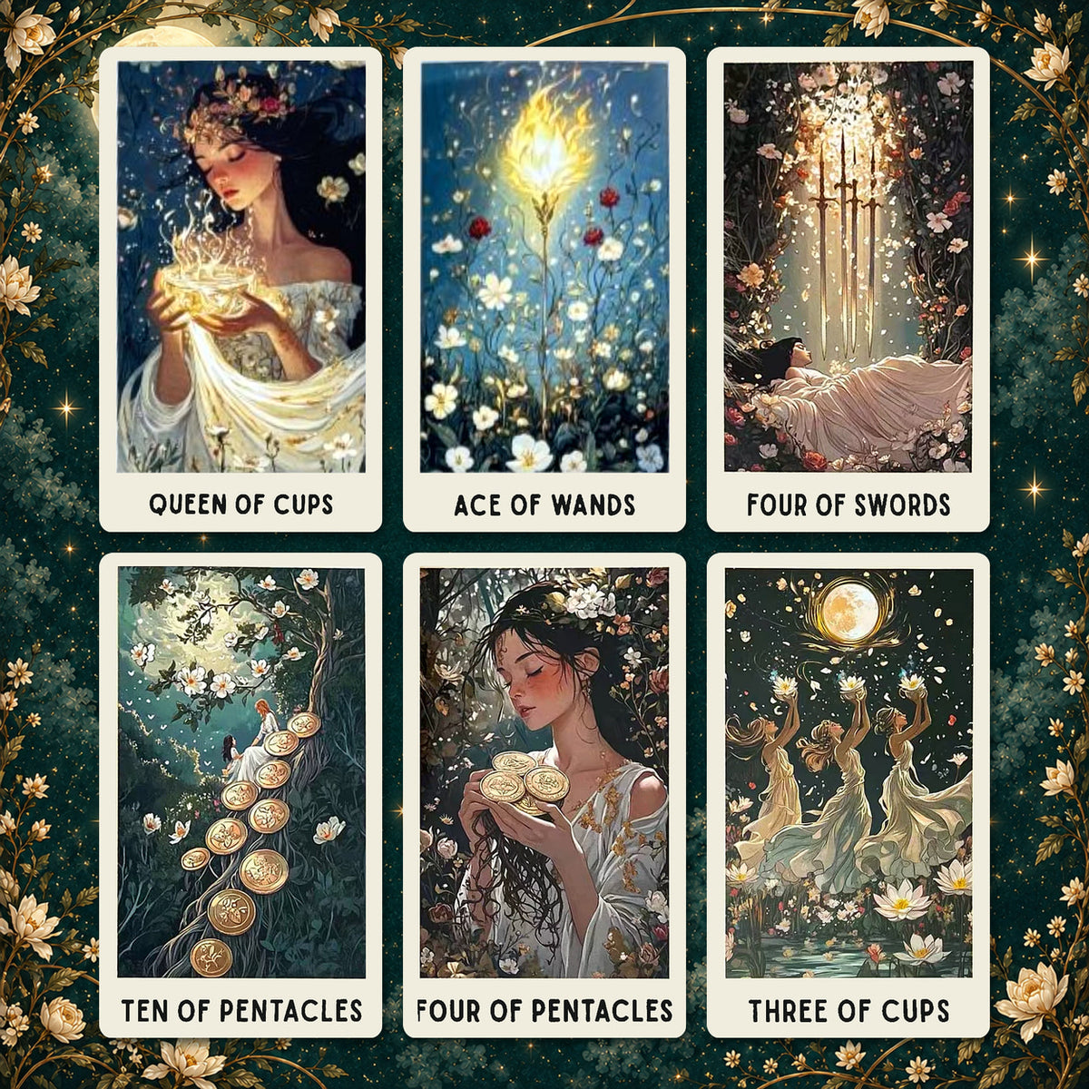 Six Ethereal Bloom Tarot cards featuring Queen of Cups, Ace of Wands, Four of Swords, Ten of Pentacles, Four of Pentacles, and Three of Cups.