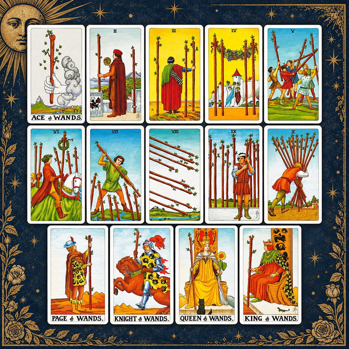 The 14 Universal Waite Tarot Wands cards arranged in rows, featuring leafy staffs, colorful landscapes, and four court figures.