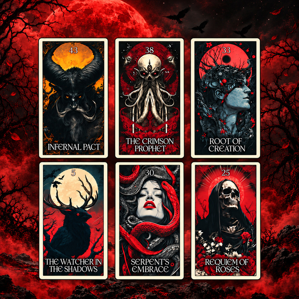 Thematic suit cards and elemental symbols from Midnight Oracle illustrated in dark gothic nocturnal archetypes for deep shadow work and renewal.
