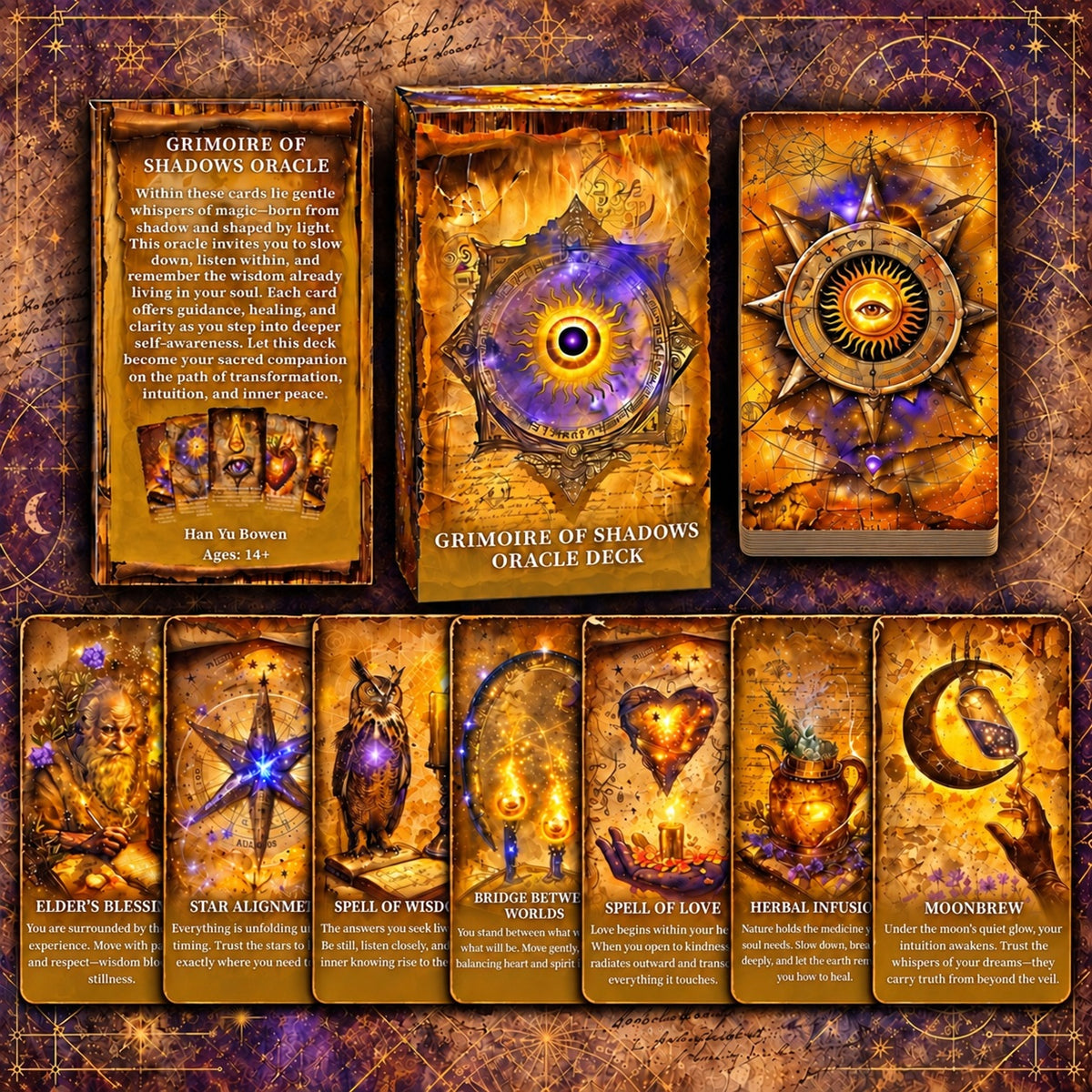 Complete Grimoire of Shadows Oracle set including divination cards, companion English guidebook, and keepsake storage box.