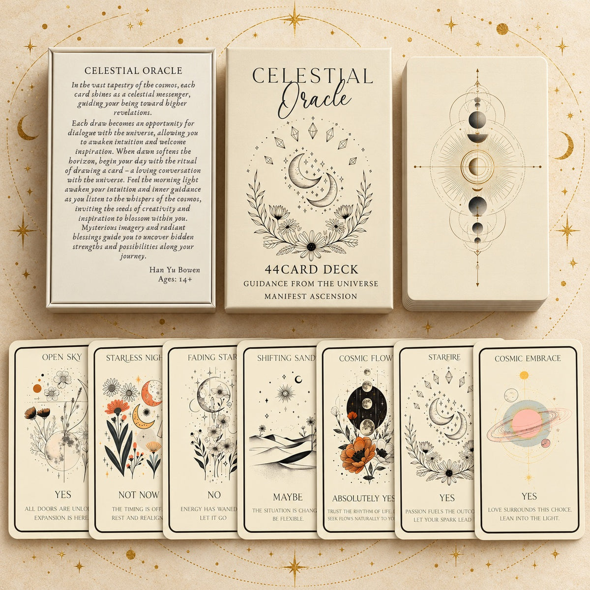 Complete Celestial Oracle set including divination cards, companion English guidebook, and keepsake storage box.