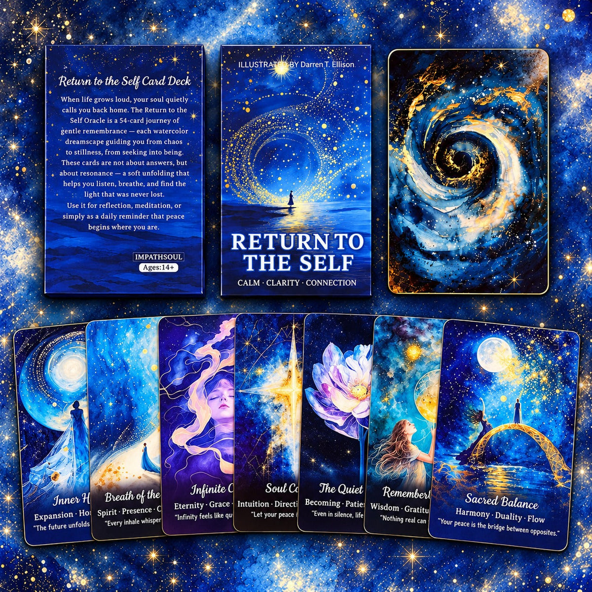 Return to the Self Oracle Cards packaging front and back beside a cosmic spiral card back, with seven illustrated cards fanned below.