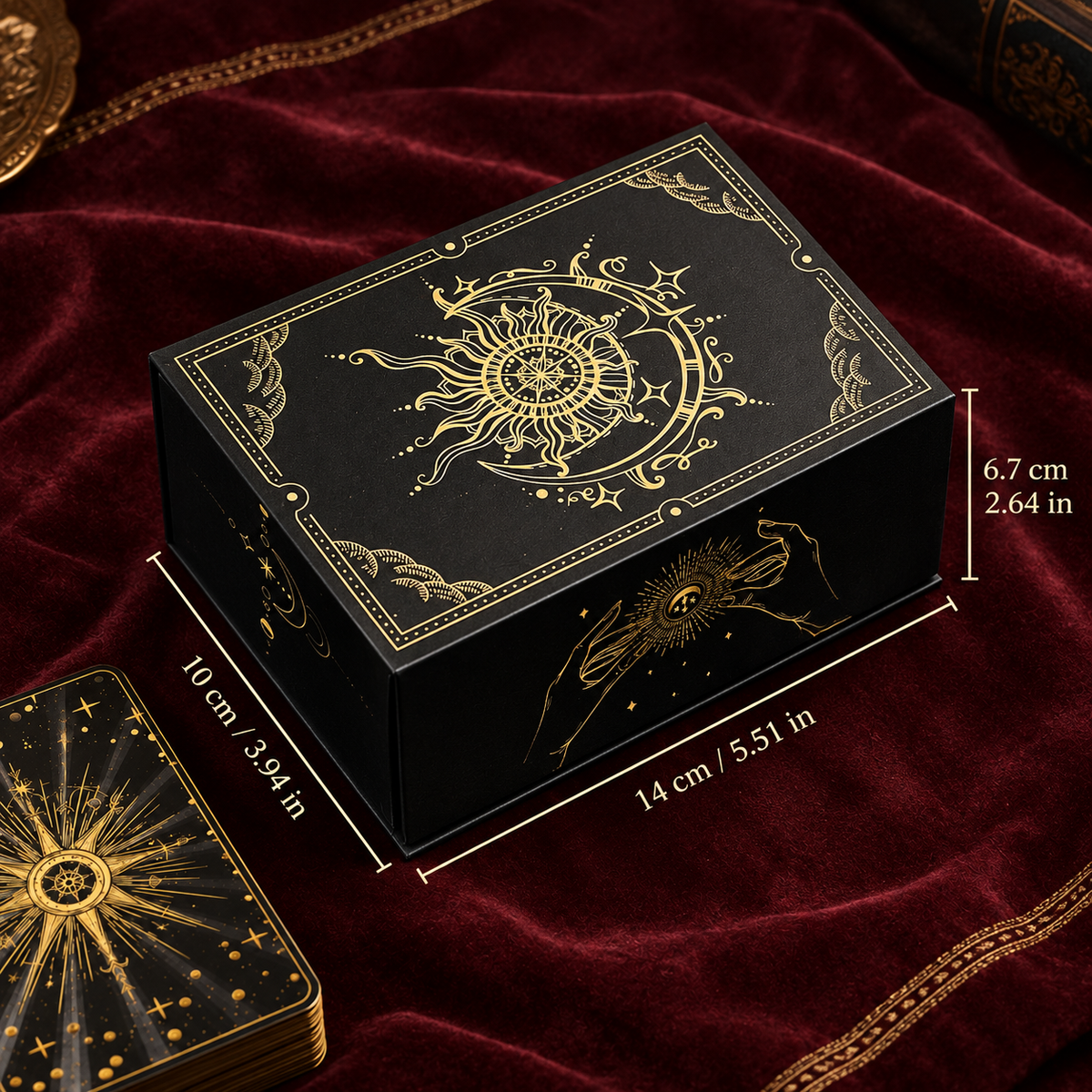 Celestial tarot keepsake box dimensions measuring 15 × 10 × 6 cm (5.9 × 3.9 × 2.4 in).