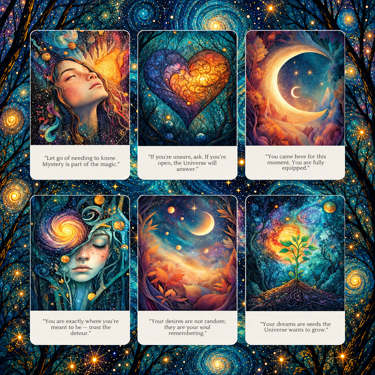 Detailed view of card face art, border ornamentation, and symmetrical card backs of Cosmic Truths Oracle.
