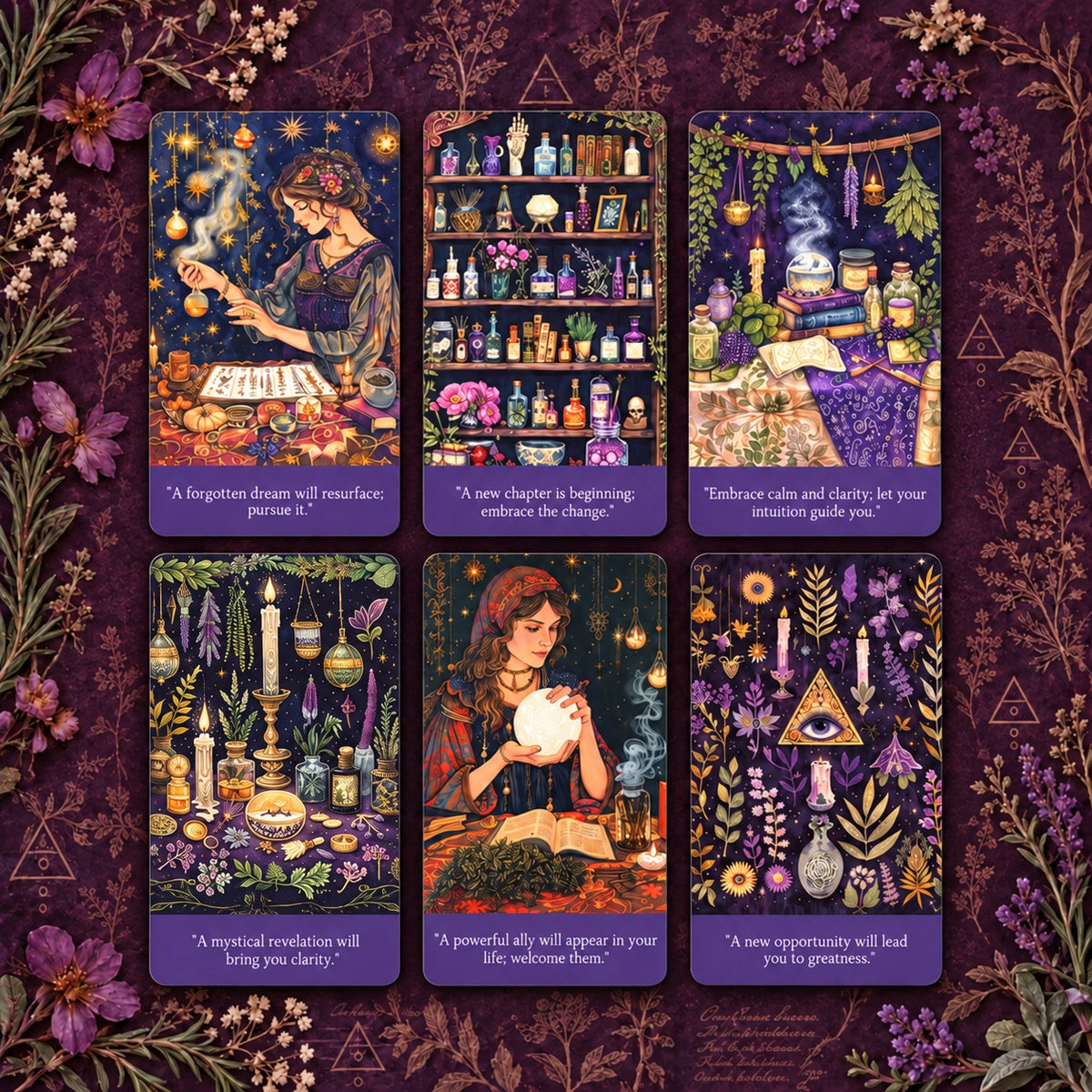 Detailed view of card face art, border ornamentation, and symmetrical card backs of Fortune Teller Oracle.