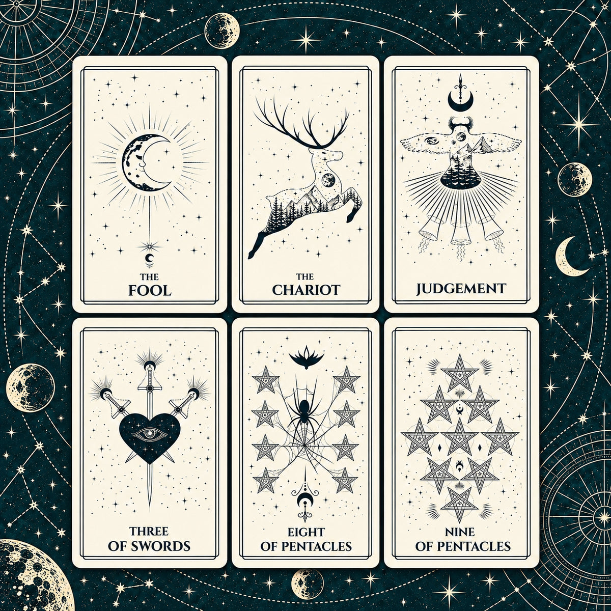 Mystical Celestial Tarot Deck — Minimalist Moon & Star Line Art Tarot for Intuition, Spiritual Reflection
