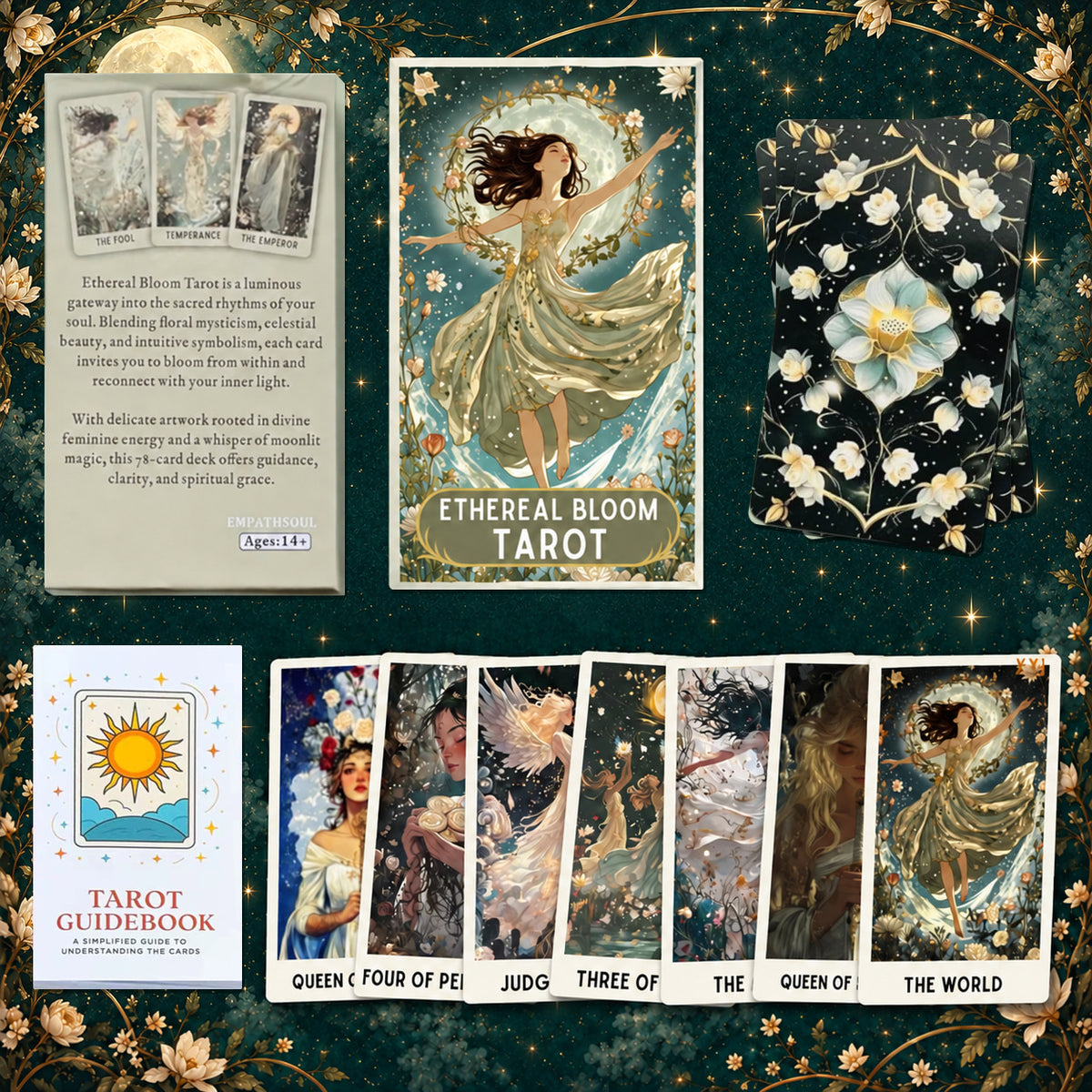 Ethereal Bloom Tarot packaging front and back, floral card backs, a tarot guidebook, and seven overlapping illustrated cards.