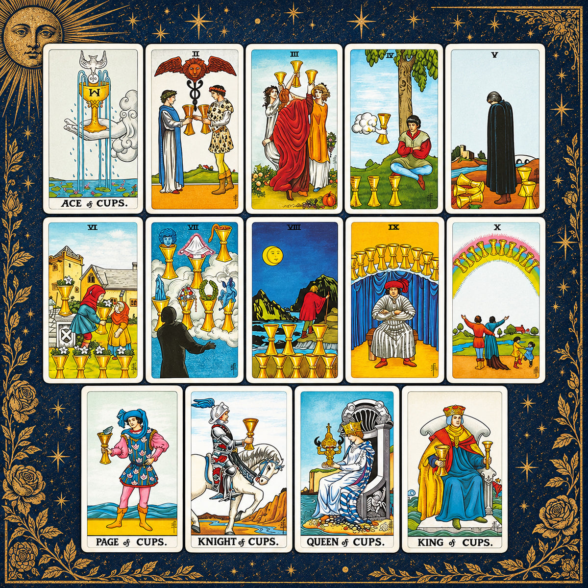 The 14 Universal Waite Tarot Cups cards arranged in rows, featuring golden cups, relationship scenes, and four court figures.