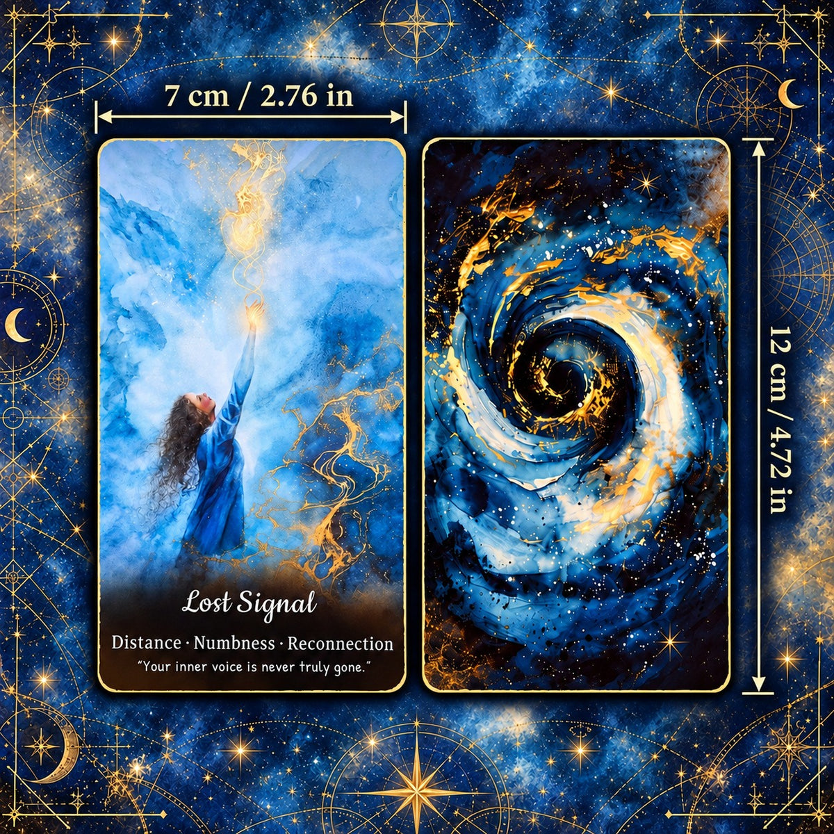 Return to the Self Lost Signal card and cosmic spiral card back shown side by side, with card dimensions labeled 7 × 12 cm.