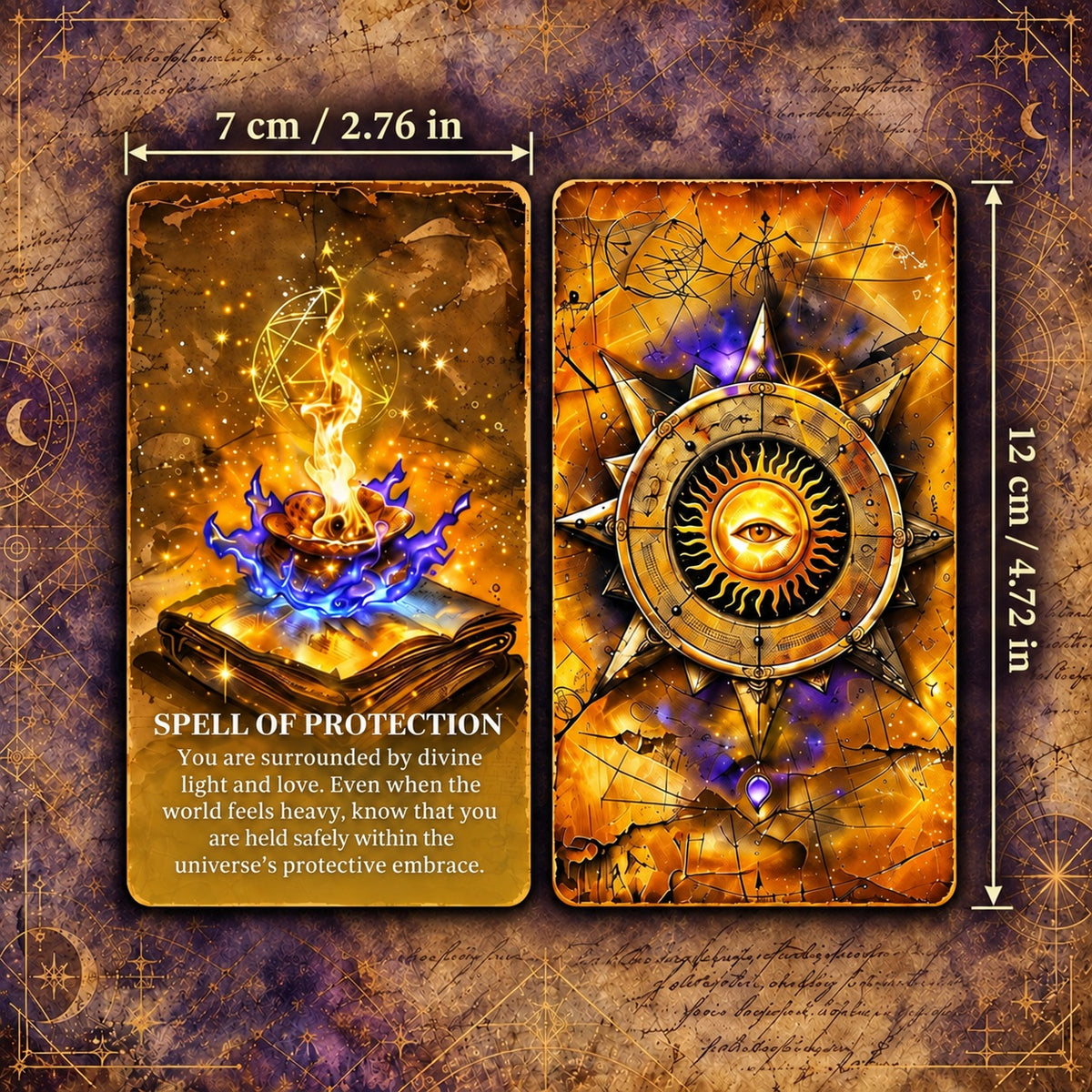 Standard card dimensions of Grimoire of Shadows Oracle (7 × 12 cm / 2.76 × 4.72 in) for intuitive tarot readings.