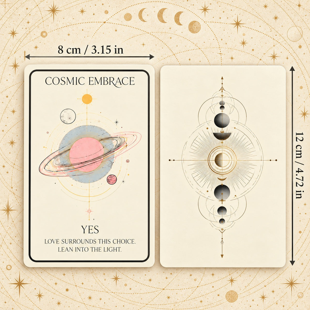 Standard card dimensions of Celestial Oracle (7 × 12 cm / 2.76 × 4.72 in) for intuitive tarot readings.