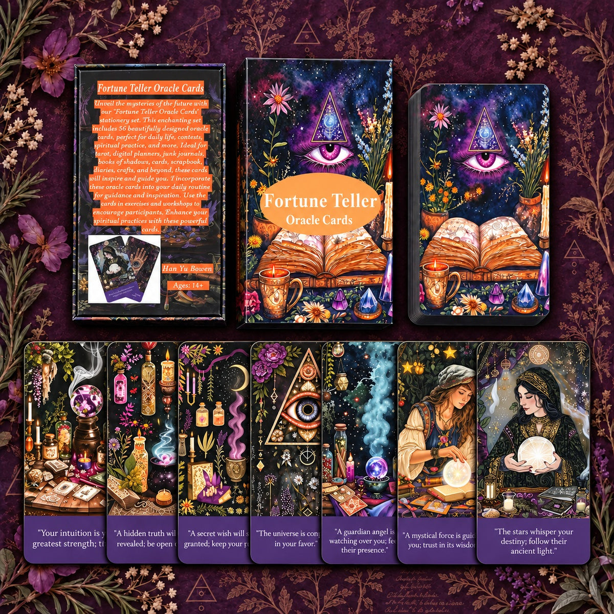 Complete Fortune Teller Oracle set including divination cards, companion English guidebook, and keepsake storage box.