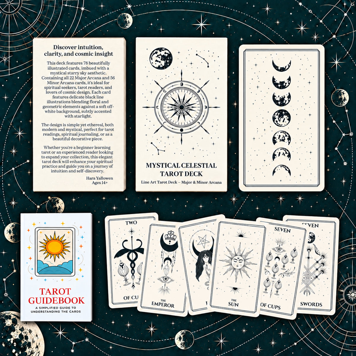 Mystical Celestial Tarot Deck — Minimalist Moon & Star Line Art Tarot for Intuition, Spiritual Reflection