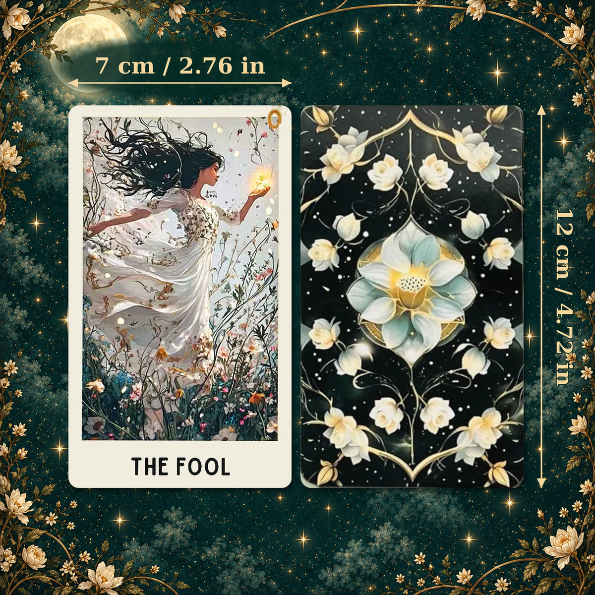 Ethereal Bloom Tarot Fool card and symmetrical floral card back shown side by side, with card dimensions labeled 7 × 12 cm.
