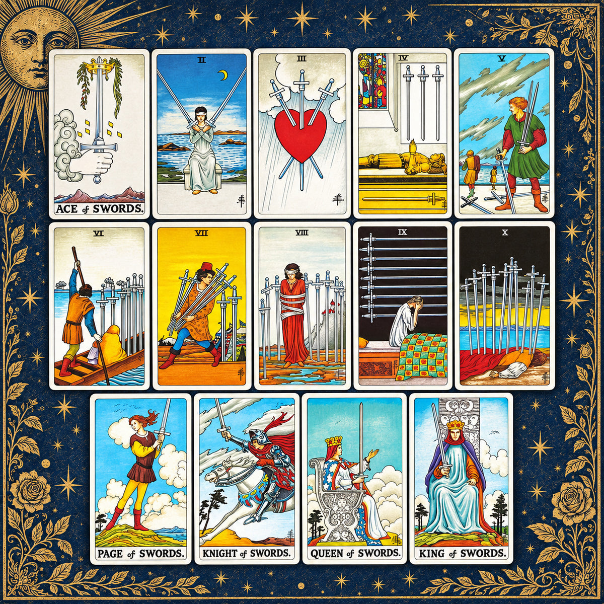 The 14 Universal Waite Tarot Swords cards arranged in rows, featuring swords, cloudy skies, symbolic scenes, and four court figures.