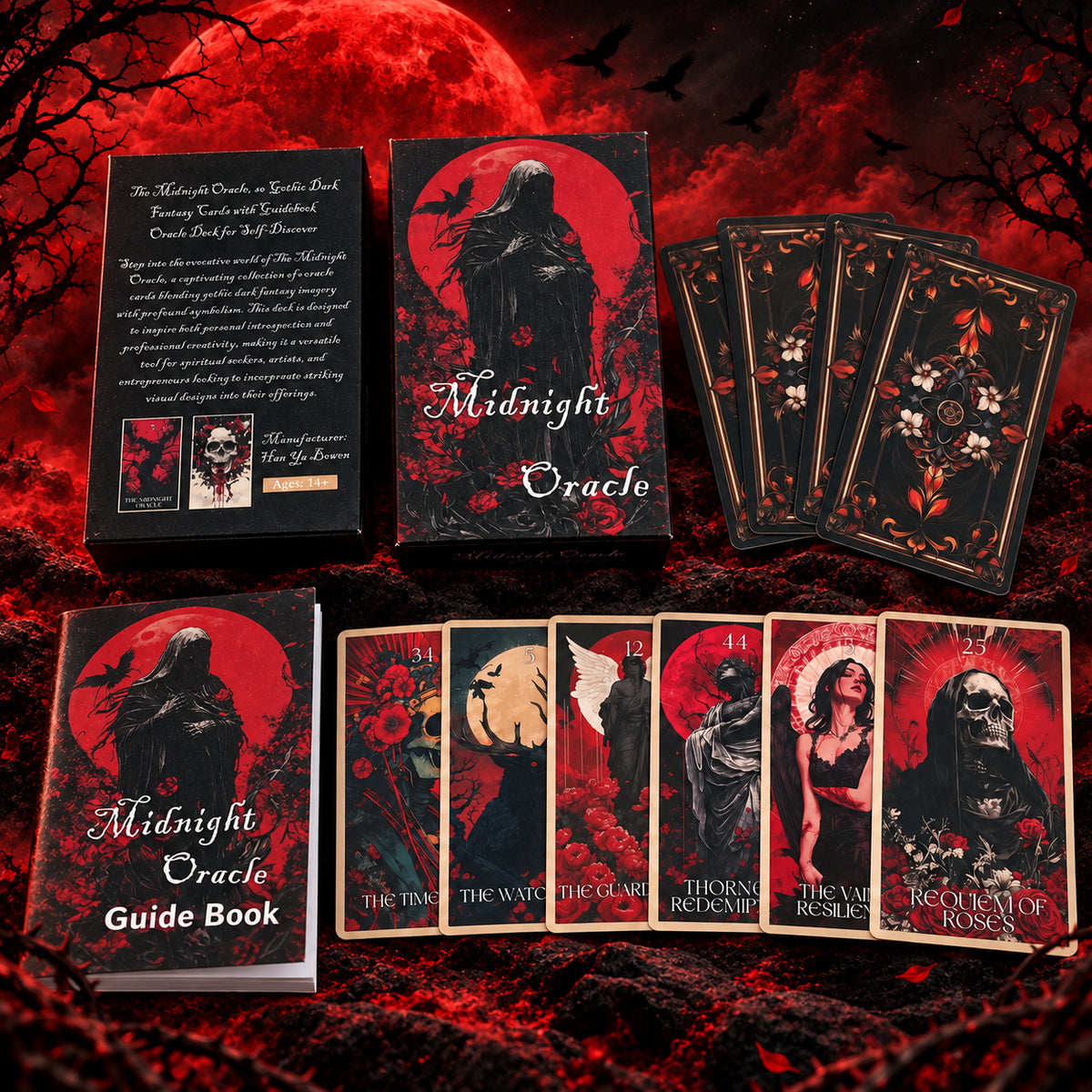 Complete Midnight Oracle set including divination cards, companion English guidebook, and keepsake storage box.